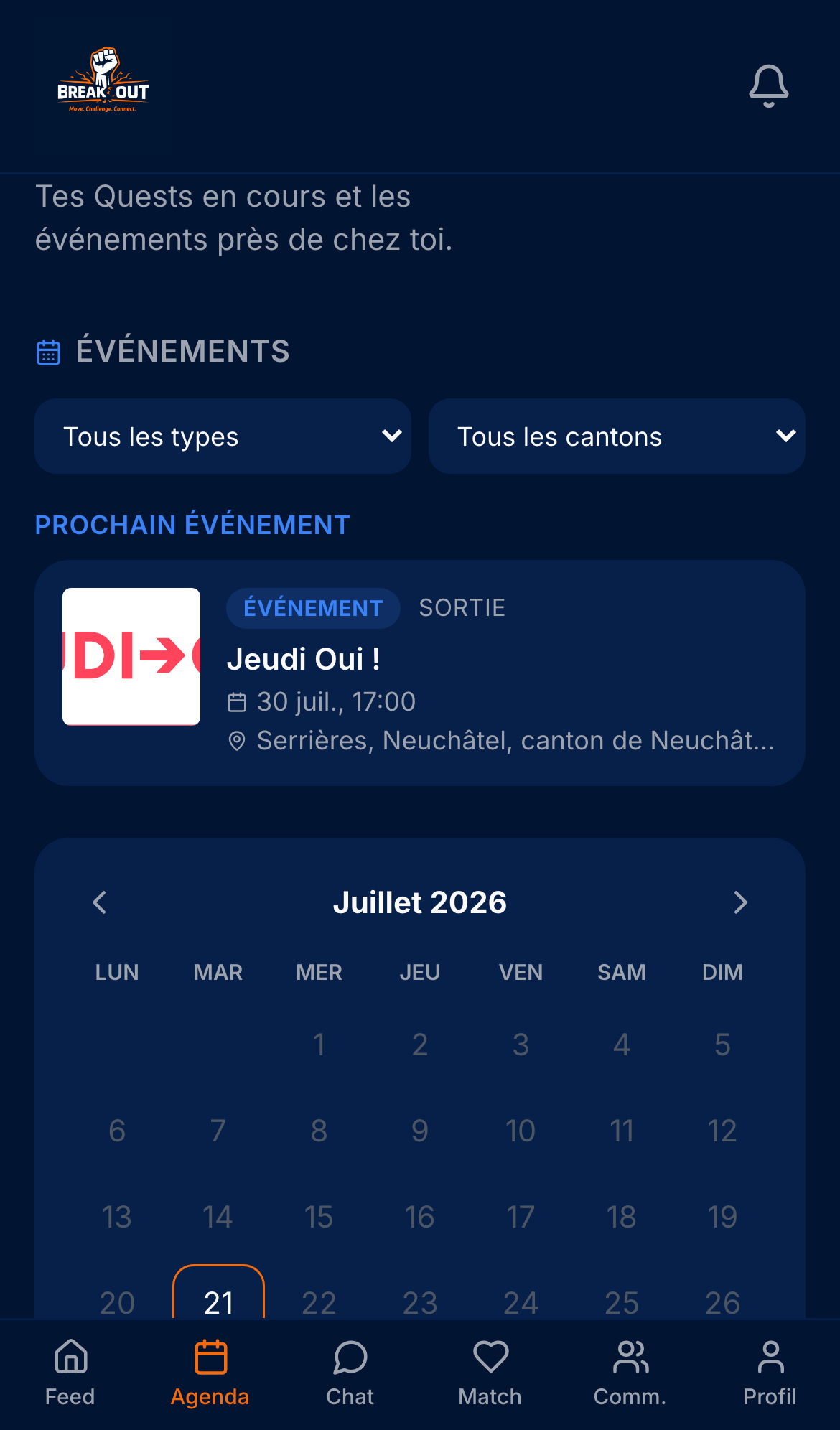 Écran Agenda de l'app Break0ut